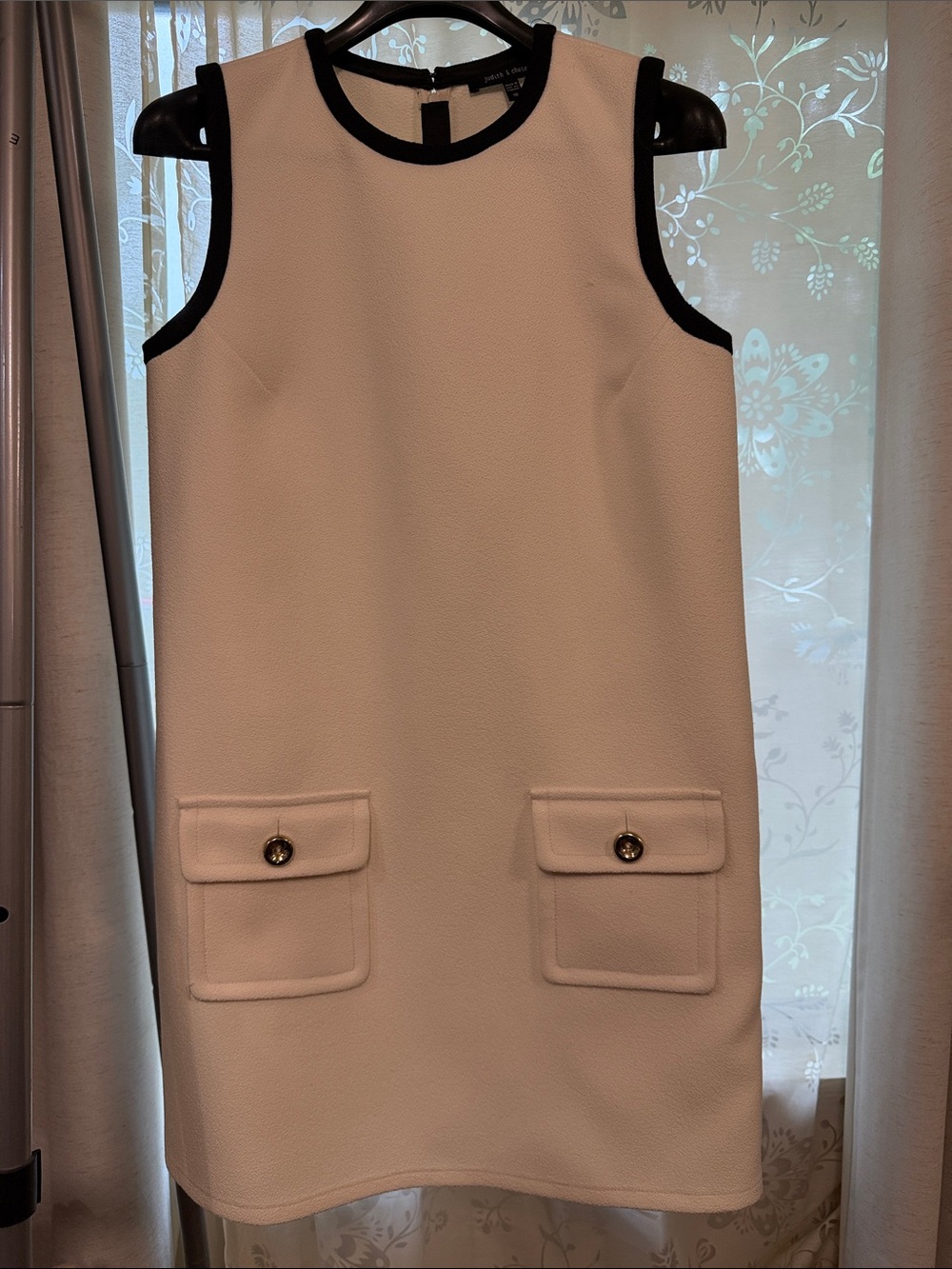 Sleeveless White Mini Dress with Black Trim by Judith & Charles
